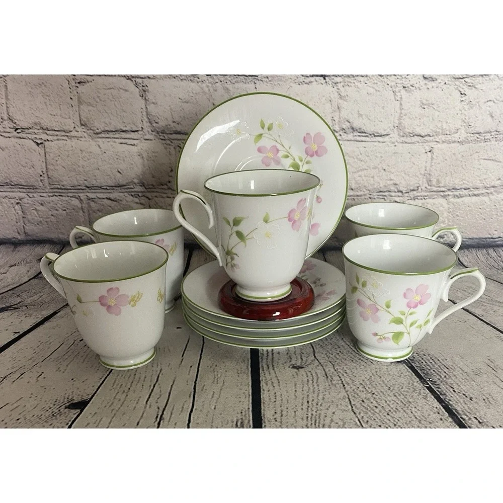 Noritake First Blush Tea Cup Saucer Set Of 4Pink & White Flower Green Trim #2605